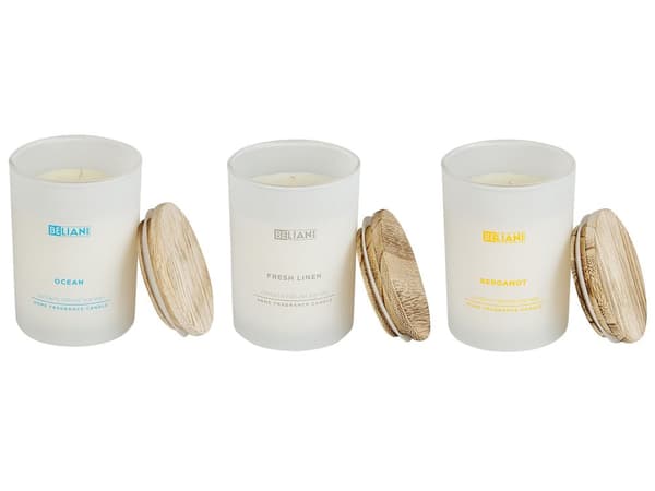 Sett med 3 duftlys Hav Bergamott Fresh linen 100% soyavoks Bomullsveke Glass Frisk og naturlig duft Stearinlys Dekorasjon