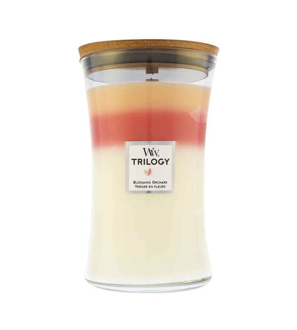 WoodWick Trilogy Blooming Orchard scented candle with wooden wick 609 g
