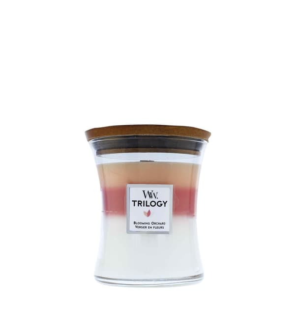 WoodWick Trilogy Blooming Orchard scented candle with wooden wick 275 g