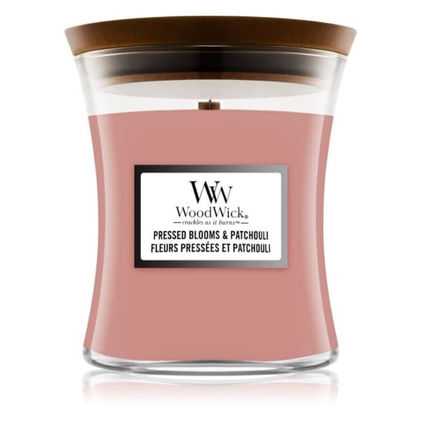 Patchouli pressat blomljus, medium modell - Woodwick 9,9 Rosa
