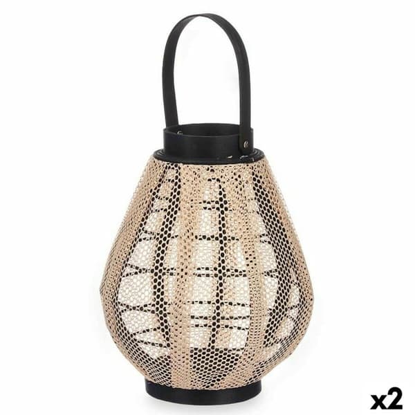 Ljusstakar Lykta Med handtag Beige Trä Tyg 25 x 30 x 25 cm (2 antal)