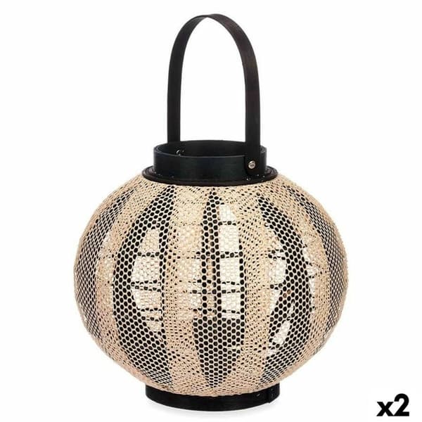 Ljusstakar Lykta Med handtag Beige Trä Tyg 30 x 30 x 30 cm (2 antal)