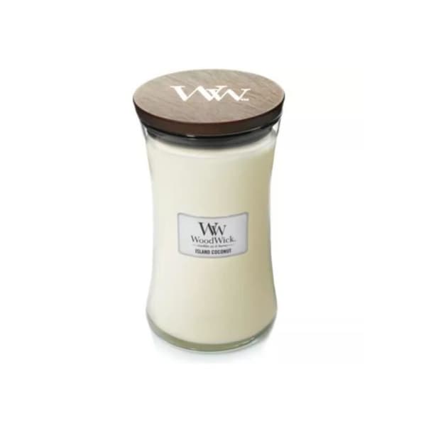Bougie - WoodWick - Stor sandtimg - Kokosnöt från öarna - Naturligt trä - Vit