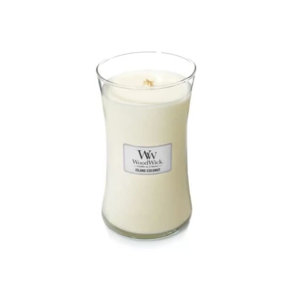 Bougie - WoodWick - Stor sandtimg - Kokosnöt från öarna - Naturligt trä - Vit