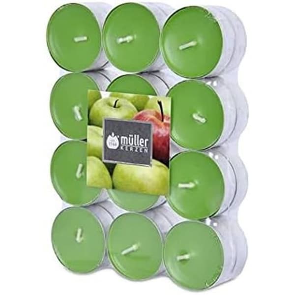 Müller värmeljusset med 24 äppeldoftljus – 39 × 15 mm – 4 timmars brinntid – grönt – aluminiumbehållare