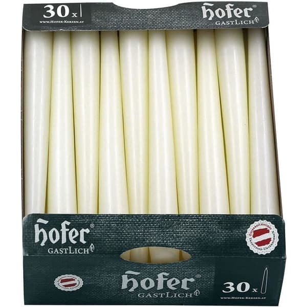 Hofer stora koniska ljus för ljushållare - Paket med 30 - 7 timmars längd - 2,3 x 25 cm - Elfenben - Dropplöst vax - Oparfymerat