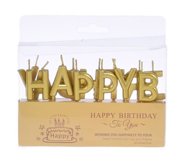 Fødselsdagslys til kage med indskriften HAPPY BIRTHDAY guld 13 stk.