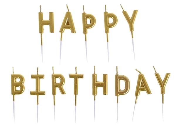 Fødselsdagslys til kage med indskriften HAPPY BIRTHDAY guld 13 stk.