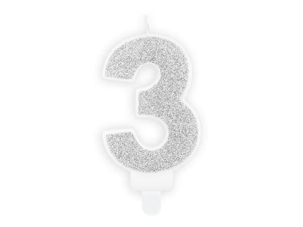 Lys nummer "3" Sølvglitter