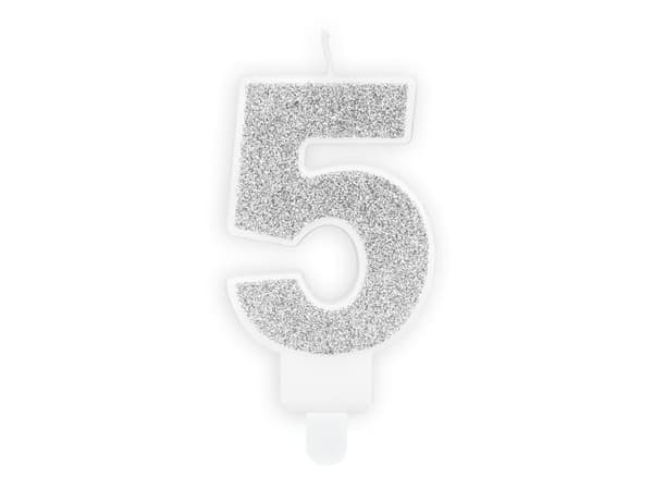 Lys nummer "5" Sølvglitter