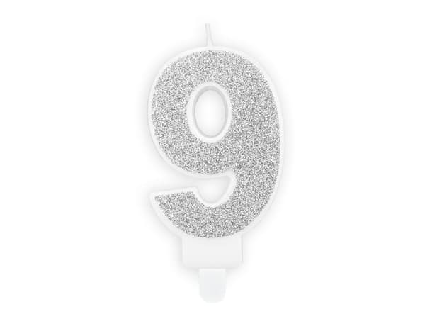 Ljus nummer "9" Silverglitter