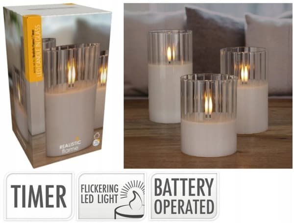 Lasinen LED-kynttilä 15 cm, jossa välkkyvä liekkiefekti
