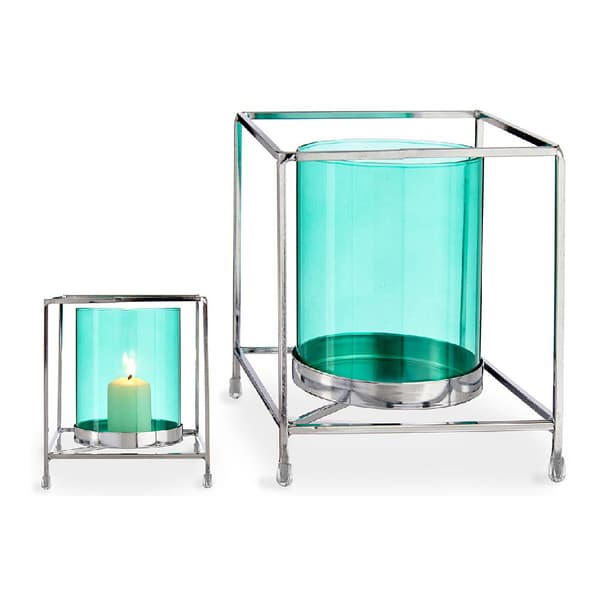 Lysholder Kvadrat Sølv Blå 14 x 15,5 x 14 cm Metall Glass