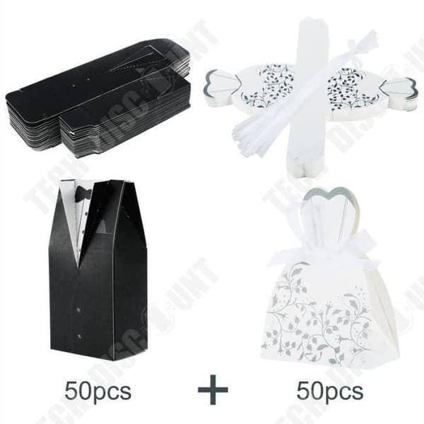 TD®-paket med 100 st Bröllopsfavoritboxar för gäster - 50 st Black Groom + 50 st White Bride, Chokladgodis