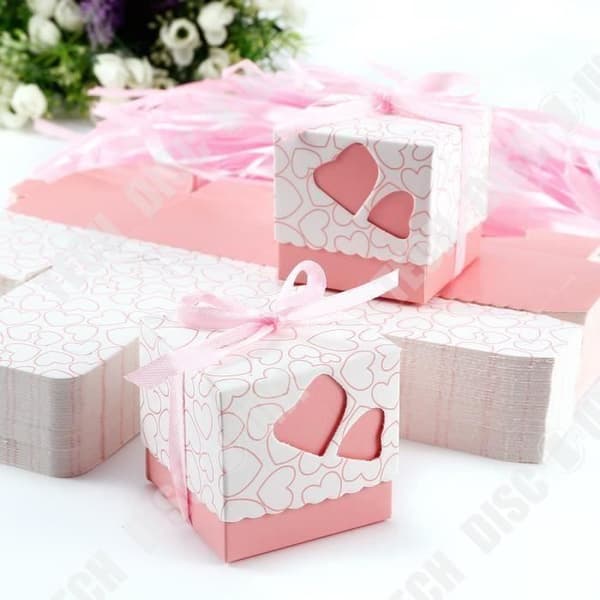 TD® Lot 100 stycken Rosa dragéask + lock - Hjärtmönster med ljusrosa band - Godislåda bröllopsdop bebis