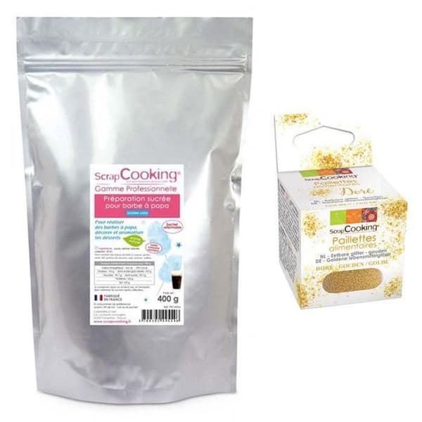 Blått sockervaddsberedning 400 g + gyllene glitter