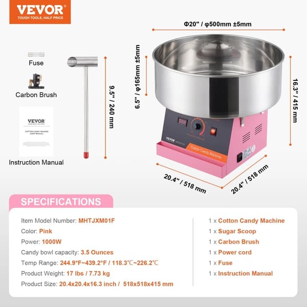 Elektrisk Sockervaddsmaskin, 1000W Effekt, Producerar 6 Coner per Minut,Rosa