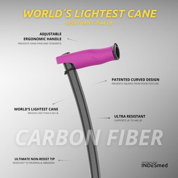 INDESMED | Käpp i 100 % kolfiber, världens lättaste, internationellt prisbelönt, 3 lager av legering, ortopedisk, justerbar och ergonomisk