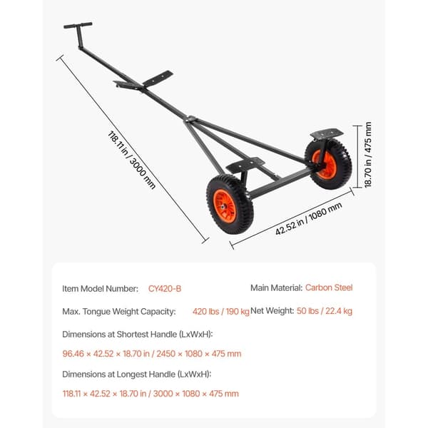 Bådtrailer Dolly, 190 kg belastningsevne, justerbar stanglængde,190 kg