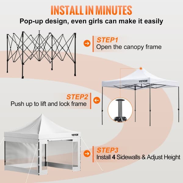 10x10 Pop Up Canopy Telt - 3 Højdeindstillinger, Aftagelige Siddevægge & Hjulpose