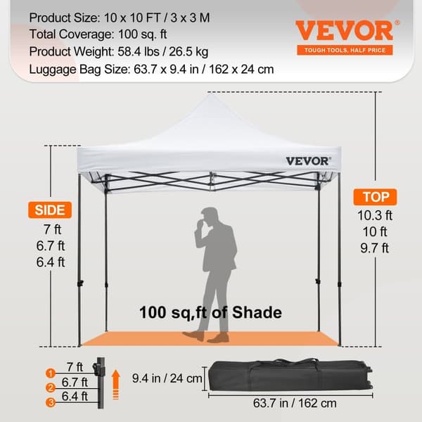 10x10 Pop Up Canopy Telt - 3 Højdeindstillinger, Aftagelige Siddevægge & Hjulpose