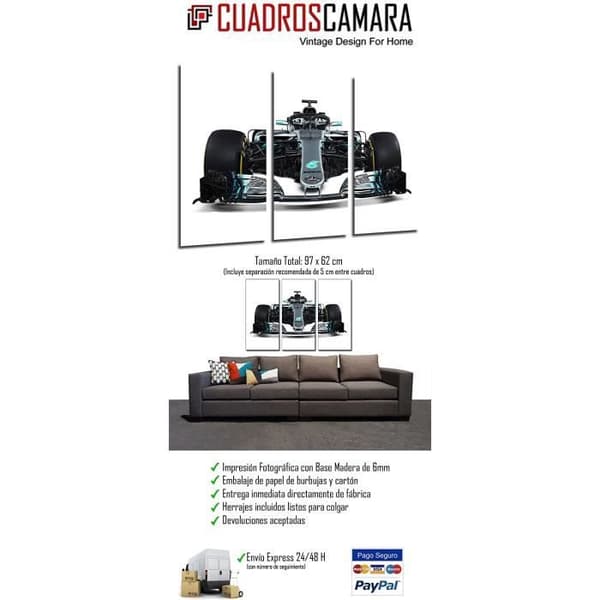 Cuadros Cámara modernt fotografiskt tryck på trä, Formel 1-bil, Mercedes F1 W09, Mercedes F1