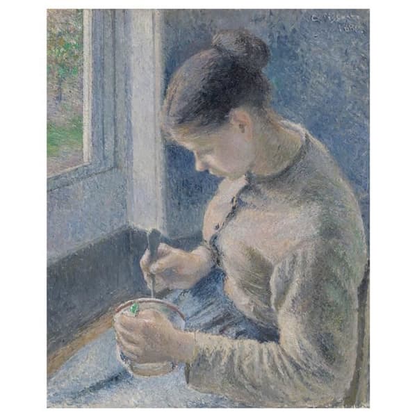 Legendarte - Målning, tryck på duk - Ung bondkvinna som tar sitt kaffe Camille Pissarro cm. 40x50