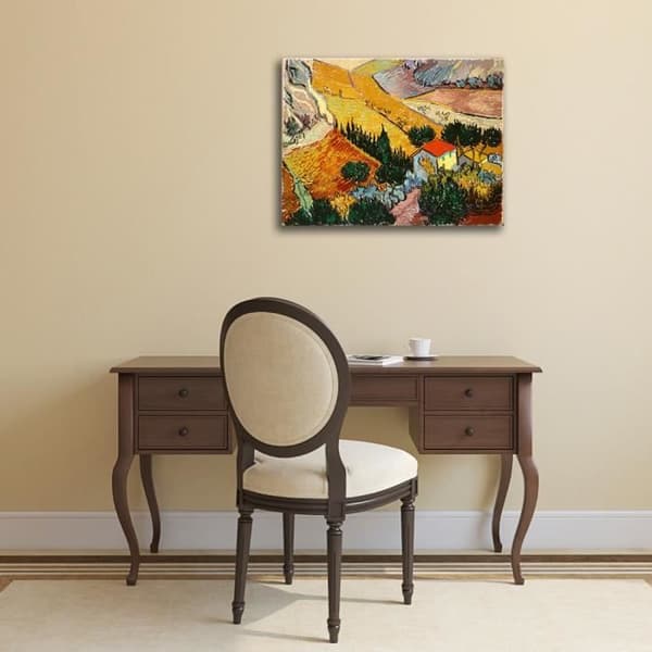 Legendarte - Målning, tryck på duk - Landskap med ett hus och en plogman Vincent Van Gogh cm. 80x100