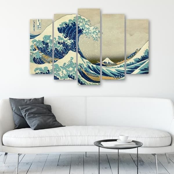Målning, tryck på duk - Den stora vågen av Kanagawa Katsushika Hokusai cm. 150x100 Typ A1 (5 paneler)
