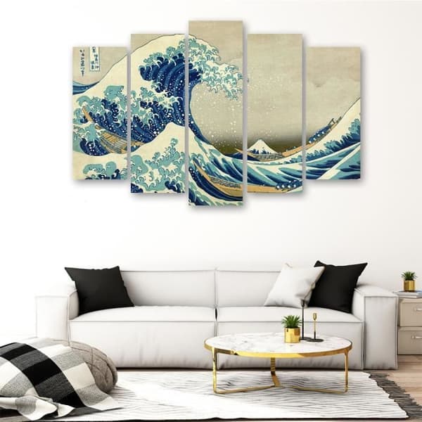 Målning, tryck på duk - Den stora vågen av Kanagawa Katsushika Hokusai cm. 150x100 Typ A1 (5 paneler)