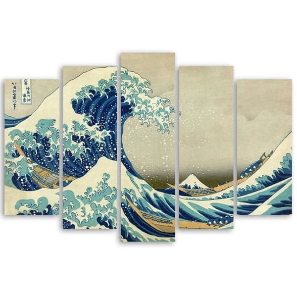 Målning, tryck på duk - Den stora vågen av Kanagawa Katsushika Hokusai cm. 150x100 Typ A1 (5 paneler)