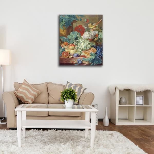 Legendarte - Målning, tryck på duk - Stilleben med blommor och frukt - Jan van Huysum cm. 50x60