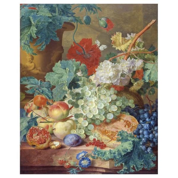 Legendarte - Målning, tryck på duk - Stilleben med blommor och frukt - Jan van Huysum cm. 50x60