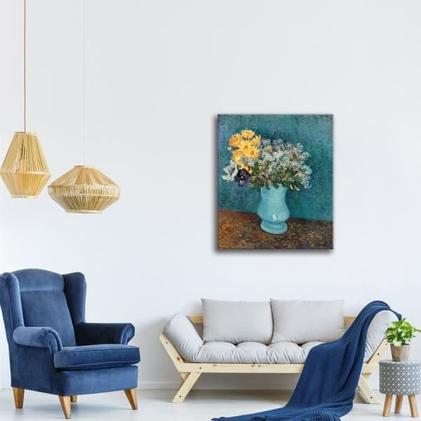 Legendarte - Målning, tryck på duk - Vas med syrener, tusenskönor och anemoner Vincent Van Gogh cm. 60x80