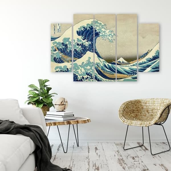 Målning, tryck på duk - Den stora vågen av Kanagawa Katsushika Hokusai cm. 150x100 Typ A2 (5 paneler)