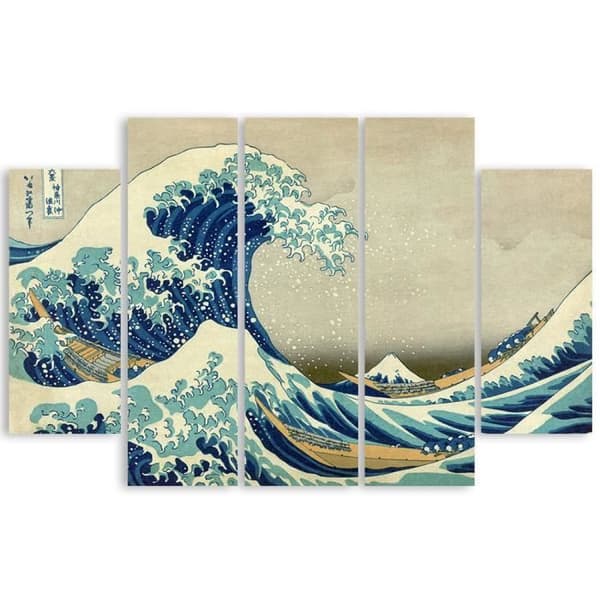 Målning, tryck på duk - Den stora vågen av Kanagawa Katsushika Hokusai cm. 150x100 Typ A2 (5 paneler)