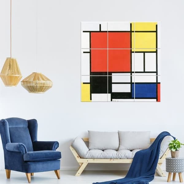 Legendarte - Flerpanelsmålningskomposition med stor röd topp... - Piet Mondrian cm. 150x150 (9 paneler)