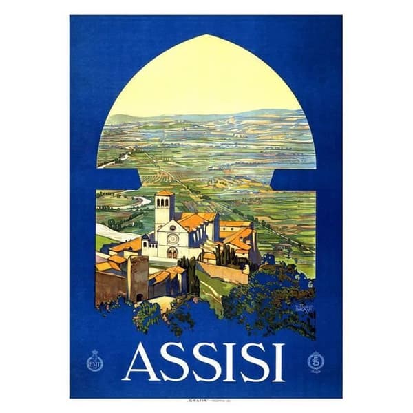 Legendarte - Vintage turistaffisch Assisi - Målning, Canvastryck cm. 50x70
