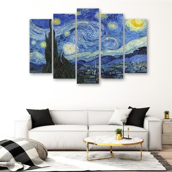 Målning, tryck på duk - Stjärnklar natt Vincent Van Gogh cm. 150x100 Typ A1 (5 paneler)