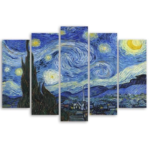 Målning, tryck på duk - Stjärnklar natt Vincent Van Gogh cm. 150x100 Typ A1 (5 paneler)