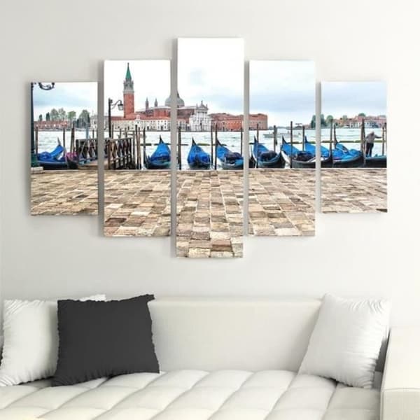 Legendarte - Målning, Tryck på duk - Blå gondoler framför Saint George Major cm. 150x100 (5 paneler)