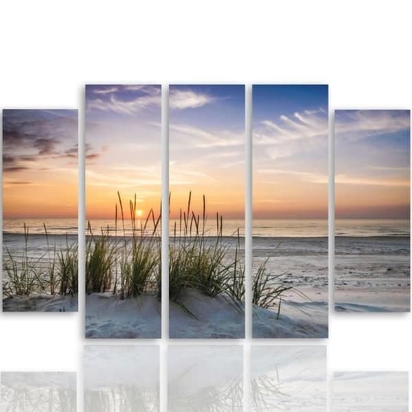 Legendarte - Målning, Tryck på duk - Solnedgång på den öde stranden cm. 150x100 (5 paneler)