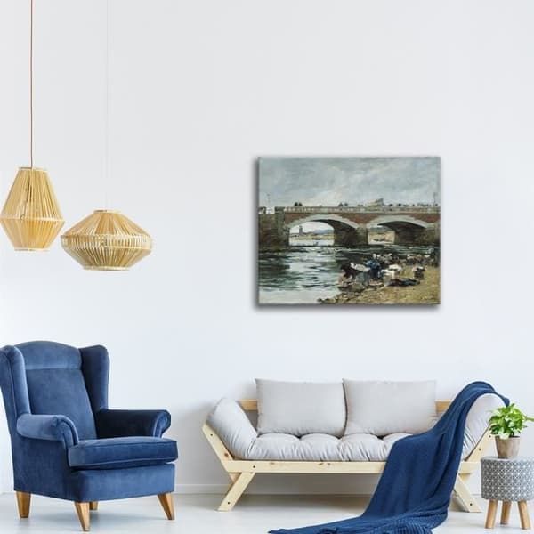 Legendarte - Målning, Tryck på duk - Tvättar nära en bro - Eugène Boudin cm. 50x70