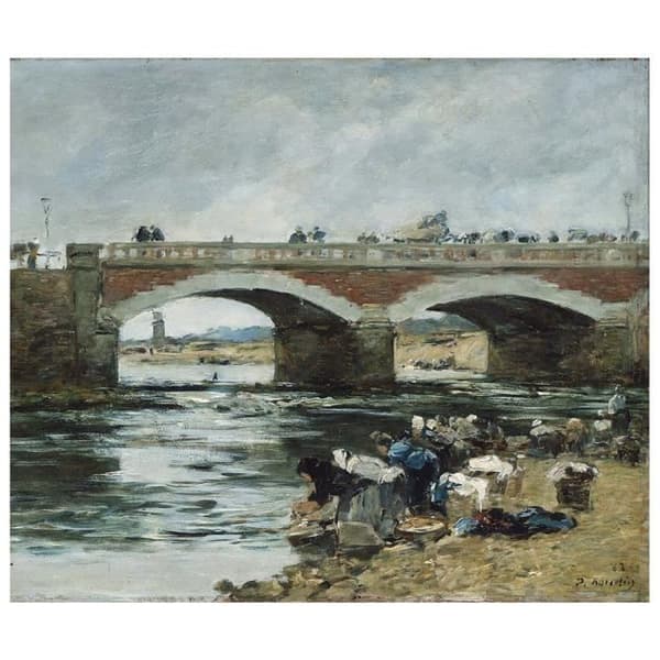 Legendarte - Målning, Tryck på duk - Tvättar nära en bro - Eugène Boudin cm. 50x70
