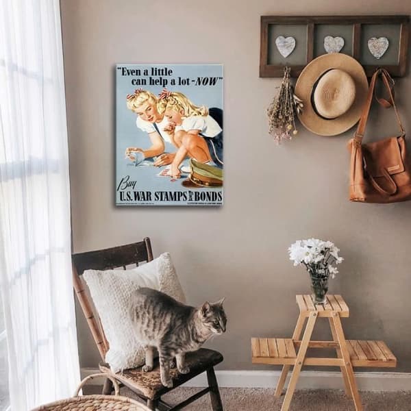 Legendarte - Vintage War Propaganda Poster Även lite kan hjälpa mycket - nu - Målning, tryck på duk cm. 50x70