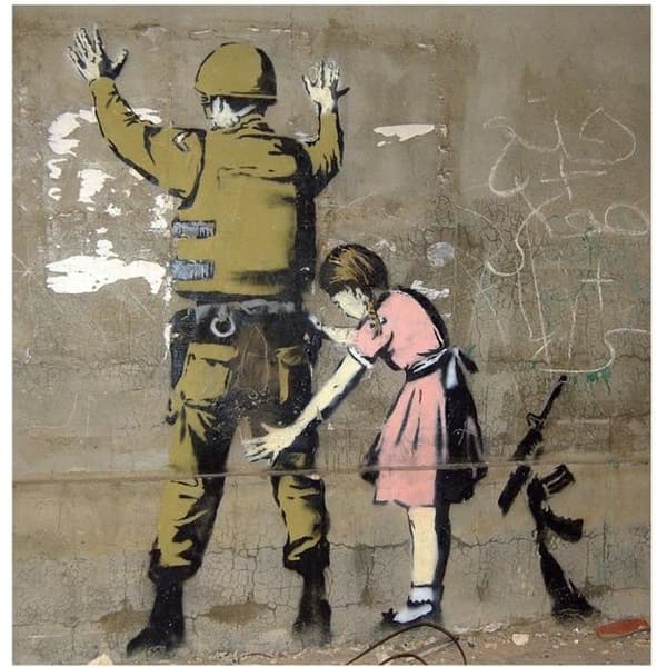 Legendarte - Målning, tryck på duk - Ung flicka och en soldat, Banksy cm. 90x90
