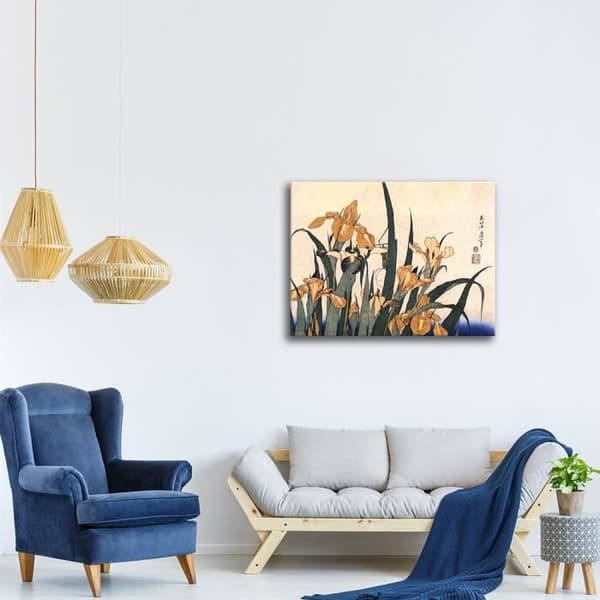 Legendarte - Målning, tryck på duk - Iris och gräshoppa Katsushika Hokusai cm. 80x100
