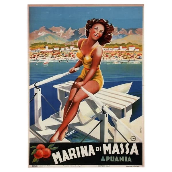 Legendarte - Vintage turistaffisch Marina Di Massa - Målning, tryck på duk cm. 50x70