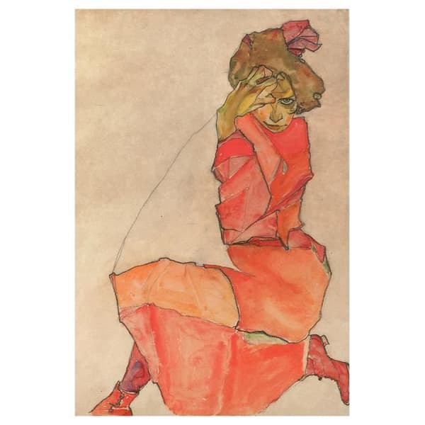 Legendarte - Målning, Tryck på duk - Knästående kvinna i orange-röd klänning Egon Schiele cm. 60x90