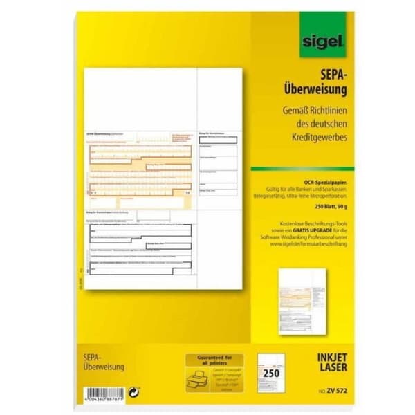Förtryckt formulär - SIGEL - SEPA-kreditöverföring PC ZV572 - Vit - 90 g - Rektangulär